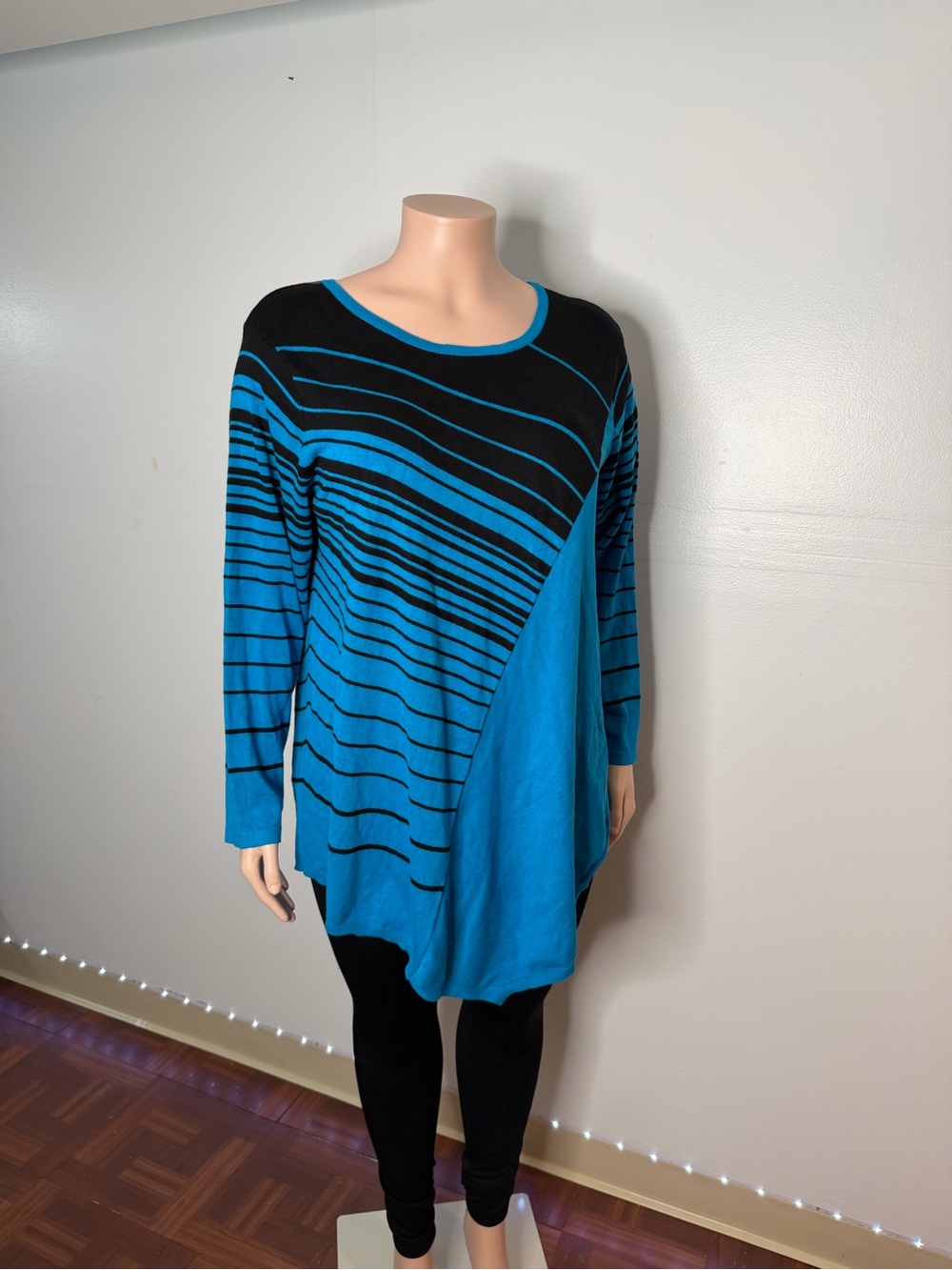 Blue and Black Striped Long Sleeve Women's Top